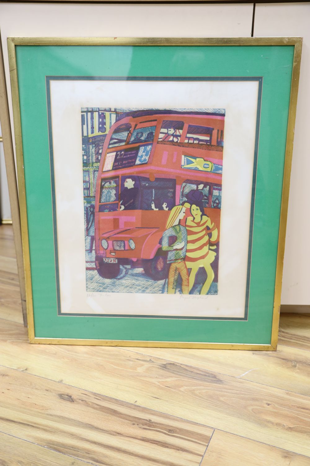 Rupert Shephard (1909-1992), linocut, The Bus, signed, numbered 56/60, 51 x 41cm
